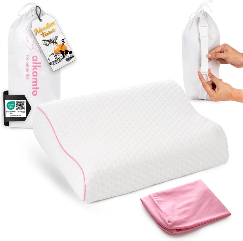 alkamto Travel & Camping Comfortable Memory Foam Pillow – Easy to Carry Portable Bag – Temperature Regulating Pillow Case (Pink Contour + Extra Cover) - Image 1